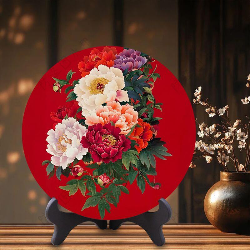 同乐收藏拍卖 牡丹花花开富贵摆件客厅酒柜圆形装饰摆台卧室床头柜走廊玄关摆件
