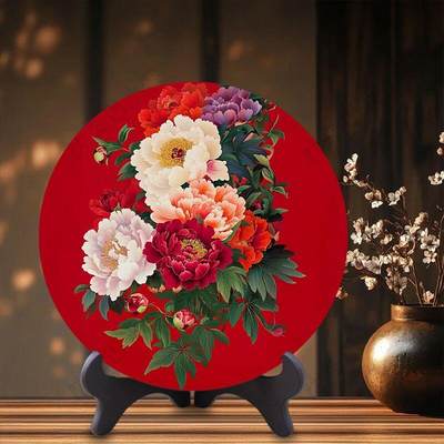 同乐放漏 - 牡丹花花开富贵摆件客厅酒柜圆形装饰摆台卧室床头柜走廊玄关摆件