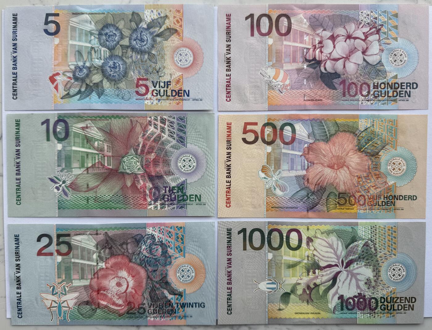 2026第1场（总第228期）：精品测试钞、外钞、塑料钞、连体钞综合场 苏里南鸟版5、10、25、100、500、1000元小全套6枚UNC