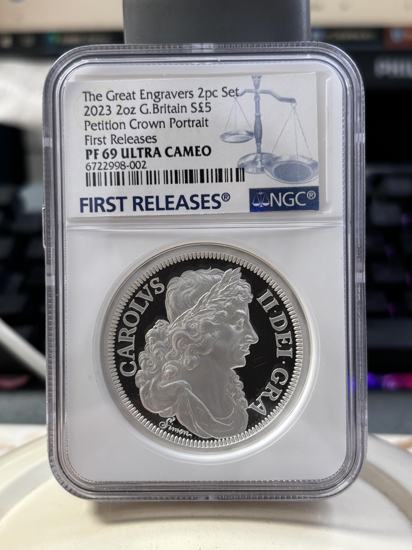 第187期拍卖 英国2023年发行伟大的雕刻师西蒙请愿克朗5英镑精制纪念银币国王币NGC-PF69首，999银，2盎司