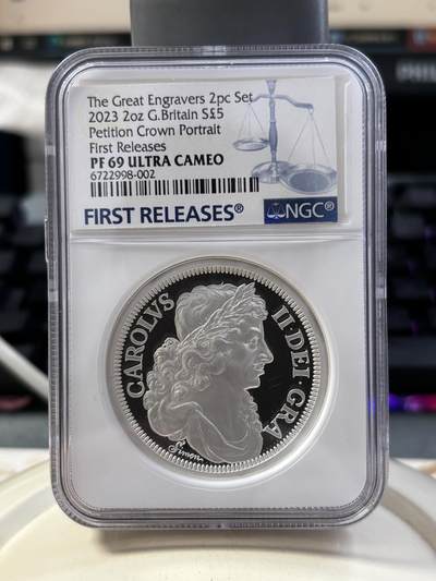第187期拍卖 - 英国2023年发行伟大的雕刻师西蒙请愿克朗5英镑精制纪念银币国王币NGC-PF69首，999银，2盎司