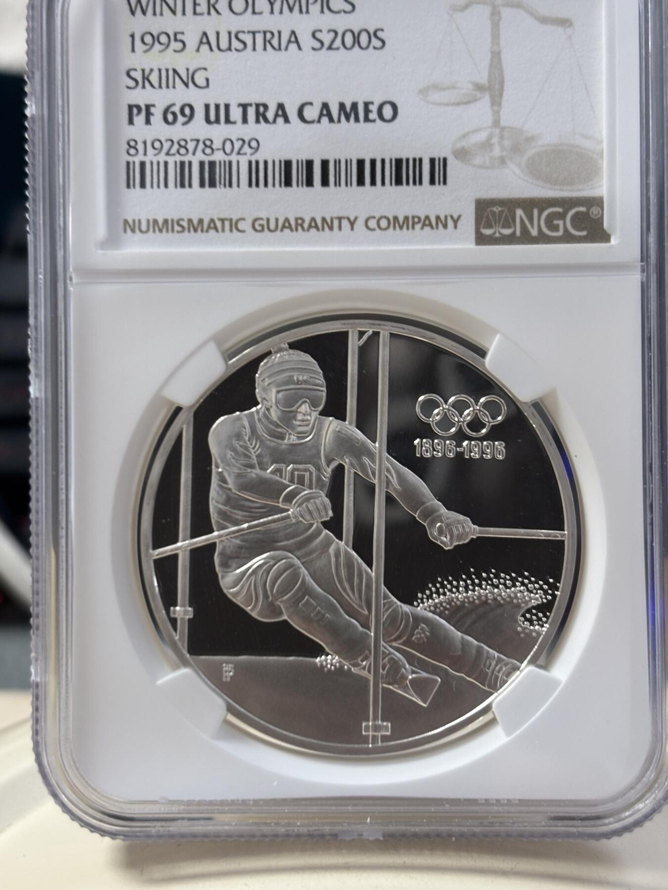 第187期拍卖 奥地利1995年奥运百年滑雪1盎司纪念银币NGC-PF69,925银，