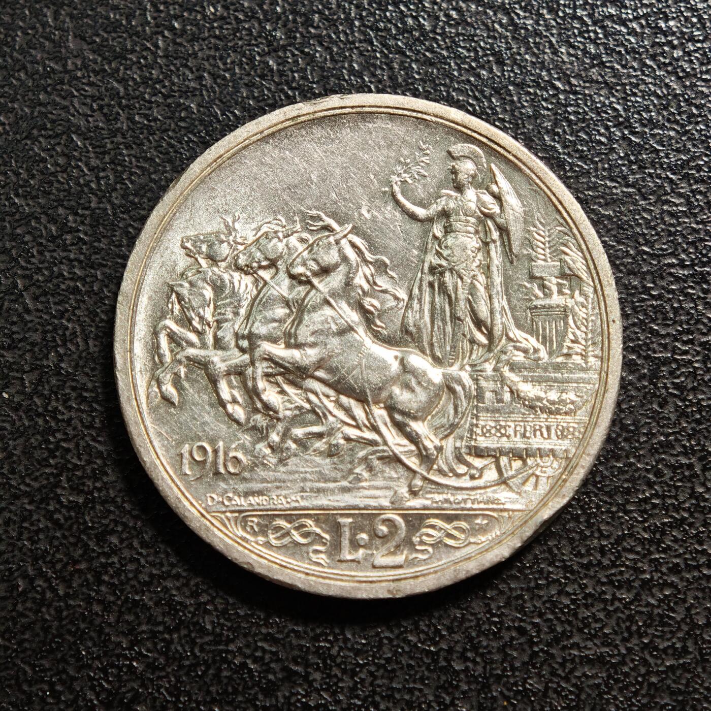 【德藏】世界币章拍卖第161期 1916年 意大利马拉车2里拉银币 直径约：27.1mm；重约：10g