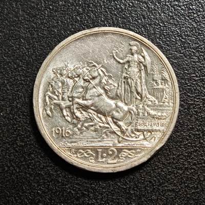 【德藏】世界币章拍卖第161期 - 1916年 意大利马拉车2里拉银币 直径约：27.1mm；重约：10g