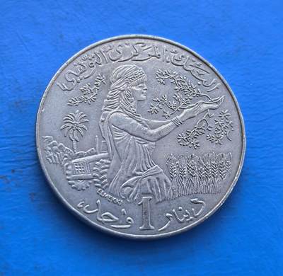 外国优质银币非洲美洲币，周六九点倒数截拍，满百包邮，持续收拍 - 突尼斯2007 年 1 第纳尔，正面绘手持橄榄枝的女性形象（含农业 / 工业元素），背面展国徽（星月 + 船 / 狮 / 天平），风格融合突尼斯文化与国家标识，是北非现代货币收藏之选。