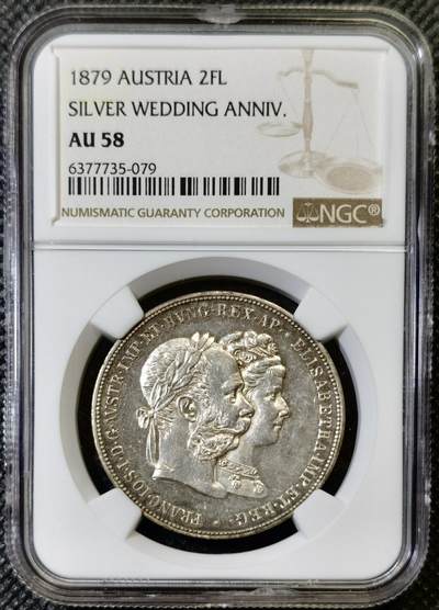 “甄选寰宇 · 臻藏岁华”新年精品场（直播拍卖）-甄臻铺-世界币章拍卖（第47期）送拍享返佣金等优惠多多 - NGC-AU58 奥地利1879泰勒2佛洛林银币 著名的茜茜公主及奥匈帝国皇帝弗郎茨约瑟夫银婚纪念