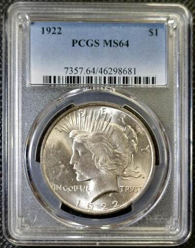 “甄选寰宇 · 臻藏岁华”新年精品场（直播拍卖）-甄臻铺-世界币章拍卖（第47期）送拍享返佣金等优惠多多 - PCGS-MS64 美国1922年和平一元银币，原光好品