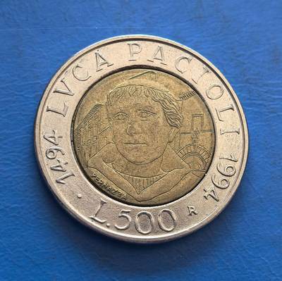 外国优质银币非洲美洲币，周六九点倒数截拍，满百包邮，持续收拍 - 意大利1994帕乔利纪念 500 里拉双色币，正面印意大利女神像，背面展数学家帕乔利像（诞辰 500 年），双色工艺融国家符号与科学名人纪念，收藏价值突出。