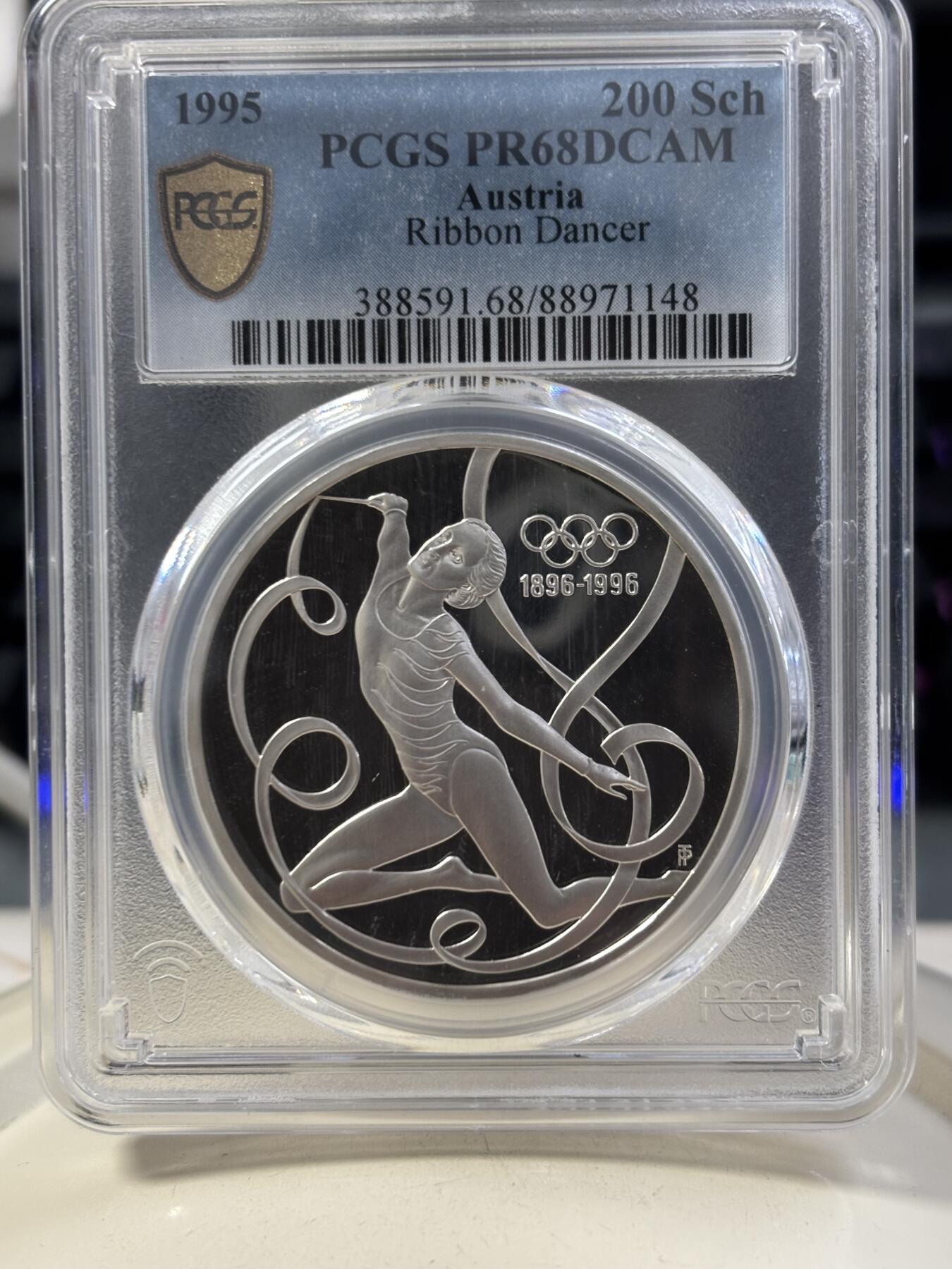 第187期拍卖 获奖币奥地利1995年奥运百年彩带舞1盎司纪念银币PCGS-PR68，1997年世界硬币大奖赛最佳克朗币，925银，