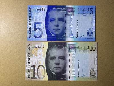 《艾美收藏》第228期-1.11周日外币精品 - 苏格兰5、10镑2张 UNC 2007年 苏格兰银行 AA冠无4