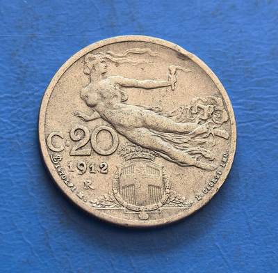 外国优质银币非洲美洲币，周六九点倒数截拍，满百包邮，持续收拍 - 意大利 1912 年 20 分币，正面绘持麦穗的意大利女神像，背面展持火炬的自由女神 + 国徽，金属币承载一战前意大利货币文化，兼具古典纹饰与国家符号收藏价值。