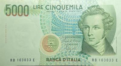 回流20260108 - 意大利5000里拉 温琴佐·贝利尼 意大利著名歌剧作曲家