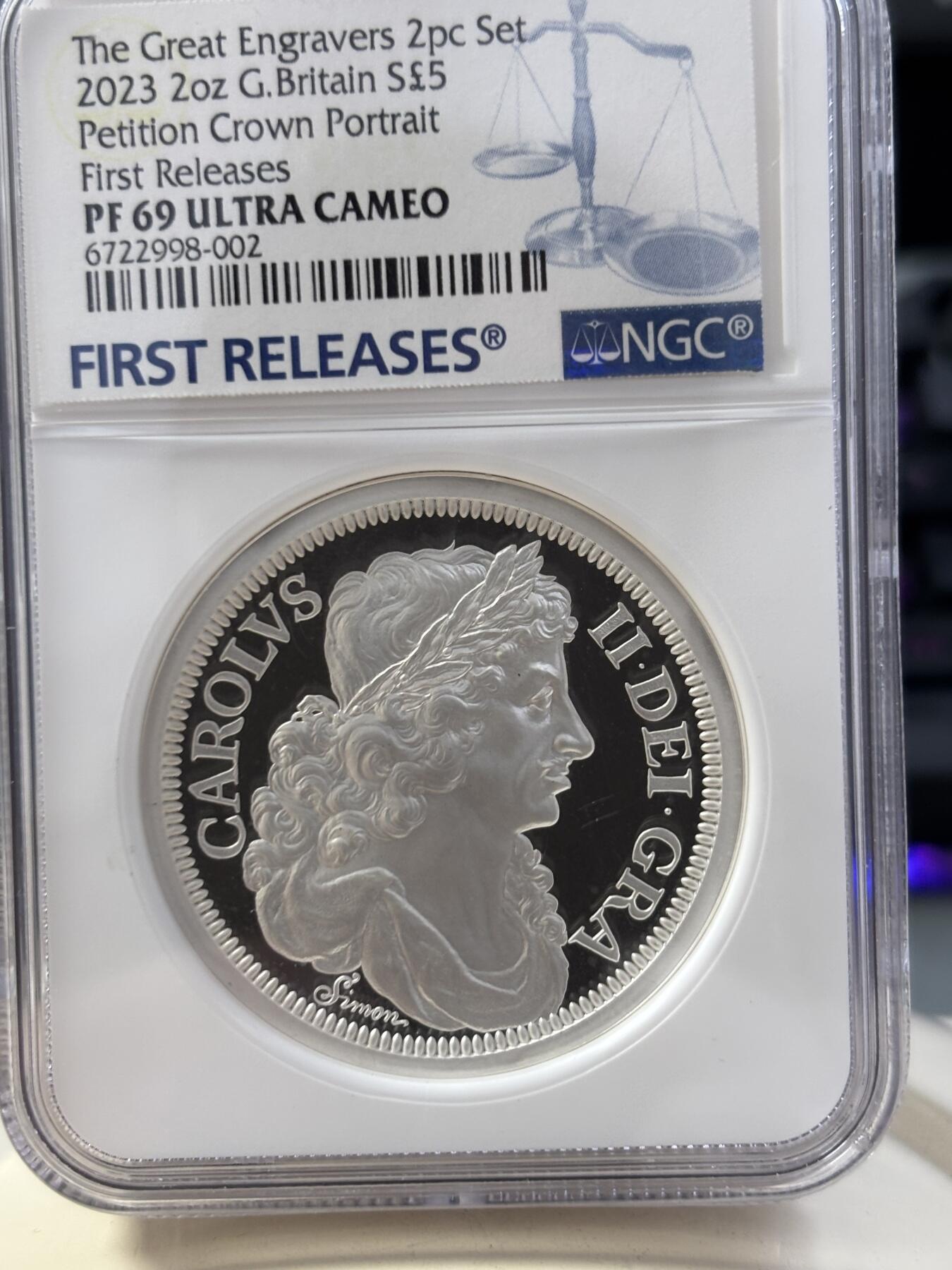 第187期拍卖 英国2023年发行伟大的雕刻师西蒙请愿克朗5英镑精制纪念银币国王币NGC-PF69首，999银，2盎司