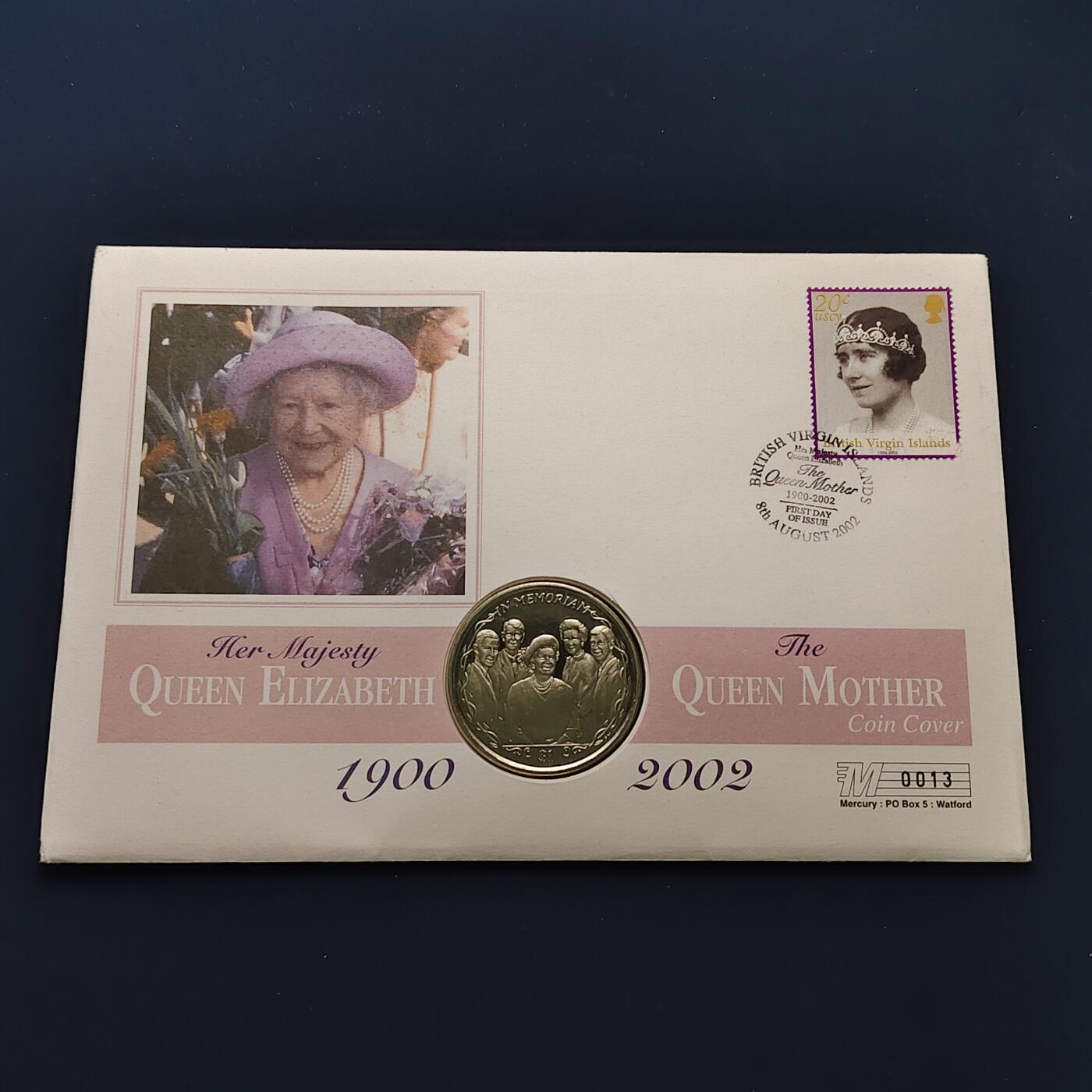 【全场包邮】纯粹捡漏拍492场【封装套币专场】-注意佣金 【邮币封】英属维尔京群岛2002年1元伊丽莎白皇太后生平纪念克朗型纪念邮币封