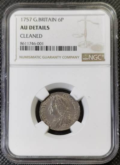 “甄选寰宇 · 臻藏岁华”新年精品场（直播拍卖）-甄臻铺-世界币章拍卖（第47期）送拍享返佣金等优惠多多 - NGC-AUD 1757年英国乔二6便士银币，细节清晰，淡淡转光，有分的状态