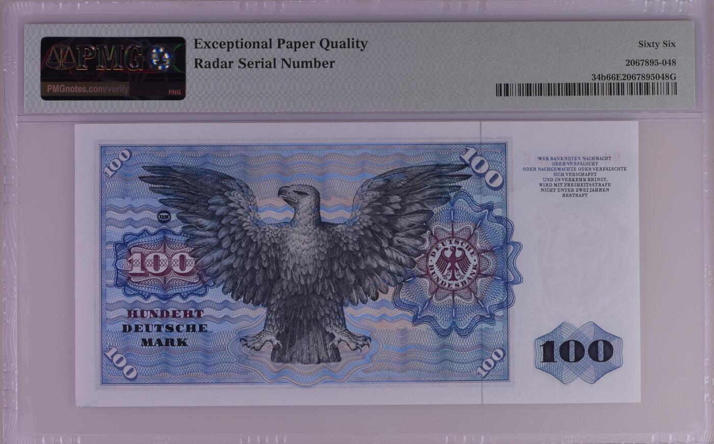 🐍甜小邱世界纸币收藏🐍第139期精品场💐 【罕见雷达号+无347靓号】PMG66 联邦德国 100马克 经典 明斯特 1977