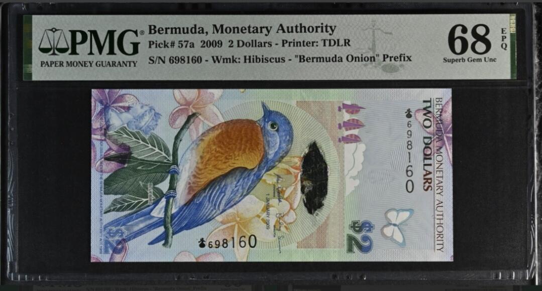世界靓号纸钞第八十期 2009年百慕大2元 稀少洋葱冠 倒置号 PMG68 超高分 亚军分 难出分品种 2009年IBNS世界最佳纸币