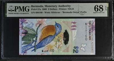 世界靓号纸钞第八十期 - 2009年百慕大2元 稀少洋葱冠 倒置号 PMG68 超高分 亚军分 难出分品种 2009年IBNS世界最佳纸币