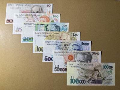 《艾美收藏》第228期-1.11周日外币精品 - 巴西50-100000克鲁塞罗7张 UNC 早期版本