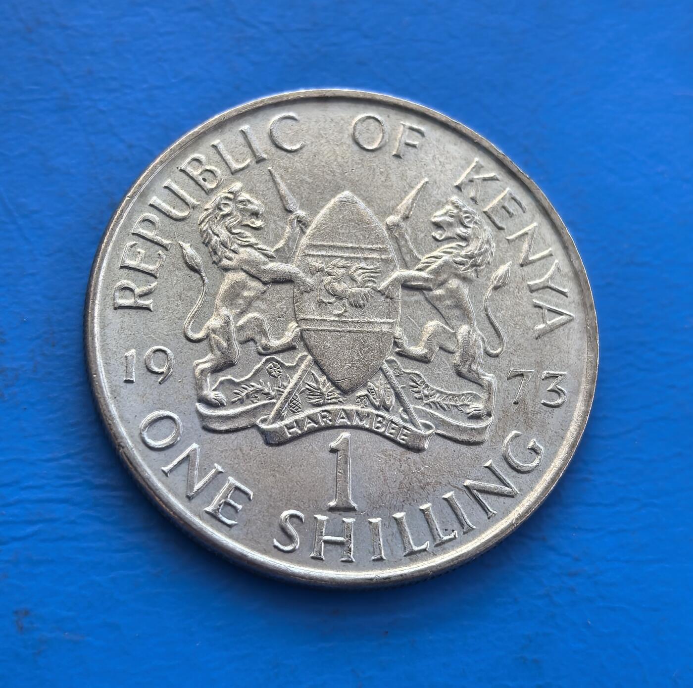 外国优质银币非洲美洲币，周六九点倒数截拍，满百包邮，持续收拍 肯尼亚1973 年 1 先令纪念币，正面是首任总统肯雅塔像，背面展国徽（双狮护盾 +“团结” 标语），属肯尼亚独立后纪念币，风格体现其国家领袖与标识，具东非货币收藏价值。