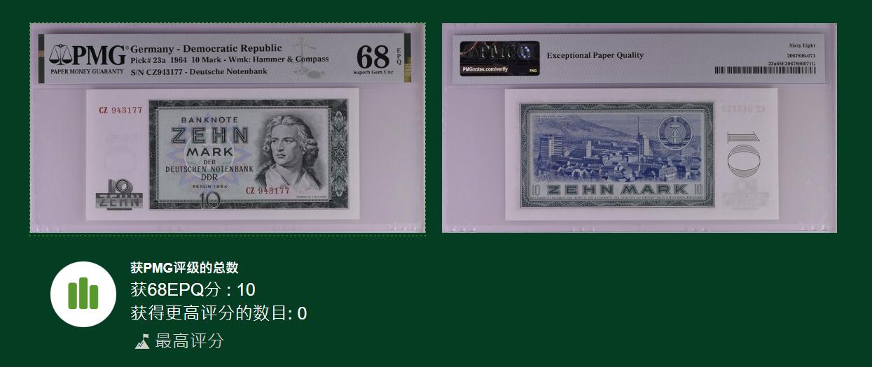 🐍甜小邱世界纸币收藏🐍第139期精品场💐 【冠军分】PMG68 民主德国 10马克 1964