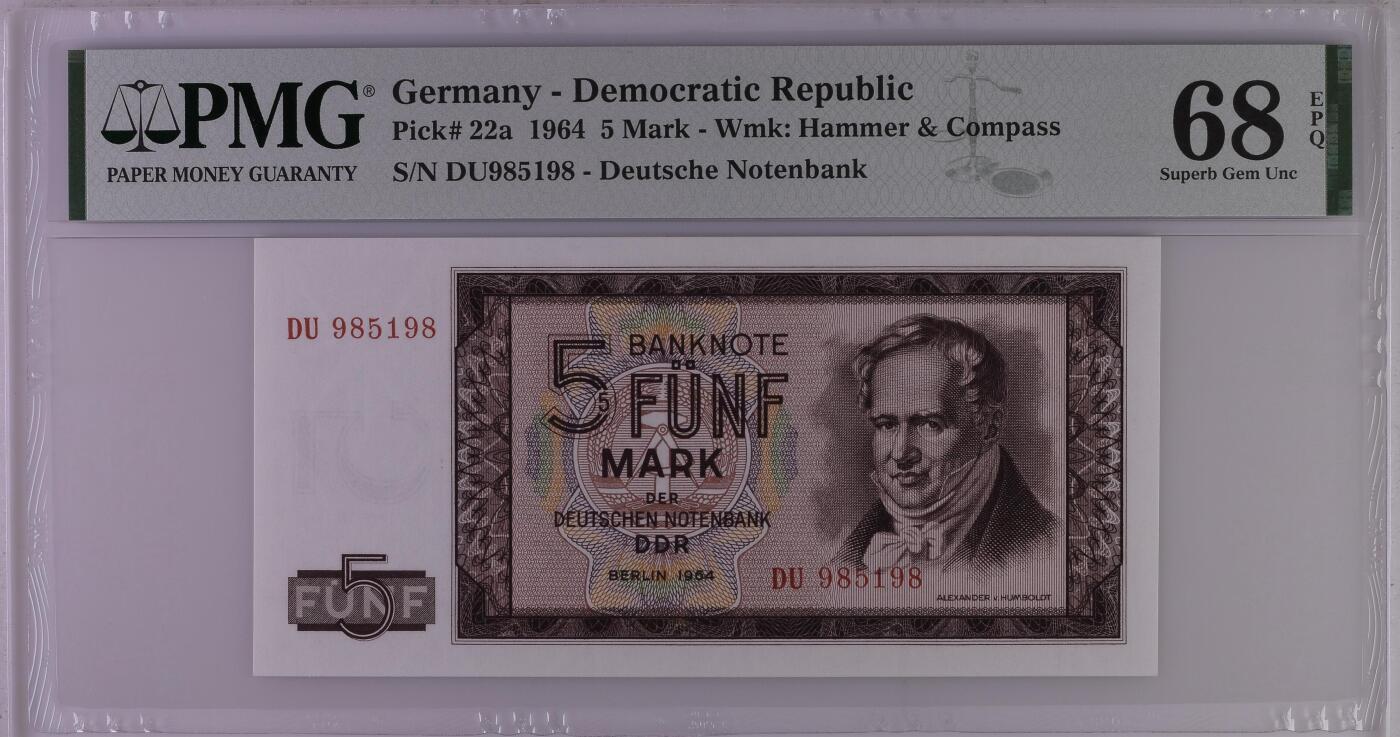 🐍甜小邱世界纸币收藏🐍第139期精品场💐 无347尾8靓号 PMG68 民主德国 5 马克 1964