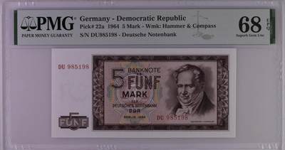 🐍甜小邱世界纸币收藏🐍第139期精品场💐 - 无347尾8靓号 PMG68 民主德国 5 马克 1964