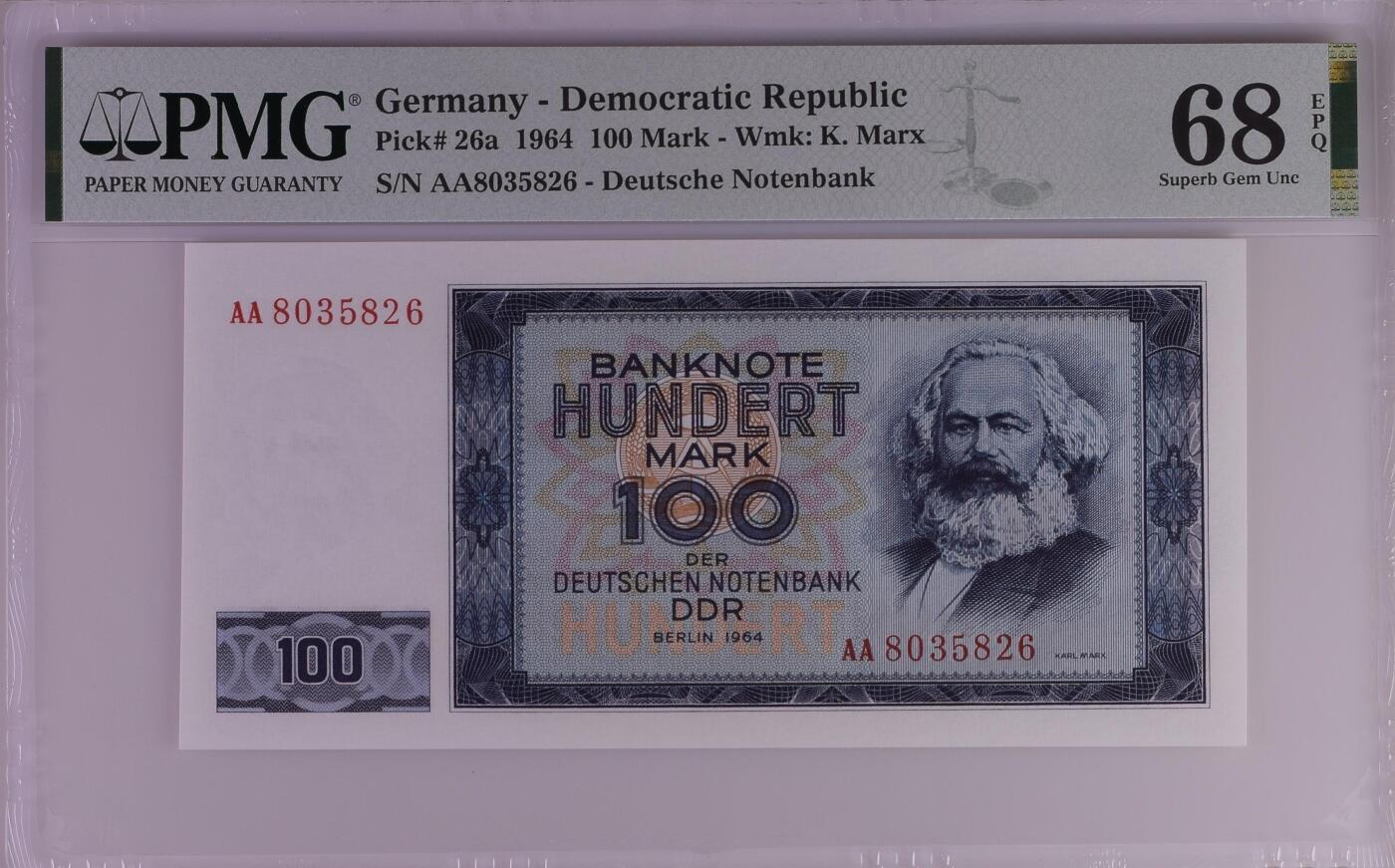 🐍甜小邱世界纸币收藏🐍第139期精品场💐 【冠军分+AA首发冠无47靓号】PMG68 民主德国 100马克 最高值 马克思 1964