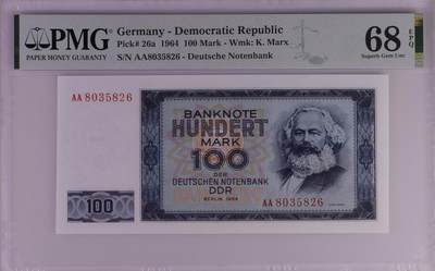 🐍甜小邱世界纸币收藏🐍第139期精品场💐 - 【冠军分+AA首发冠无47靓号】PMG68 民主德国 100马克 最高值 马克思 1964
