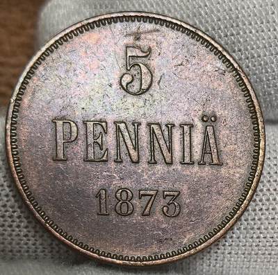外国优质银币非洲美洲币，周六九点倒数截拍，满百包邮，持续收拍 - 芬兰1873 年 5 芬尼铜币，正面标币值与 “PENNIA”，背面展王冠 + 装饰纹（沙俄统治期标识），承载芬兰早期货币文化，兼具地域历史与复古纹饰收藏价值。