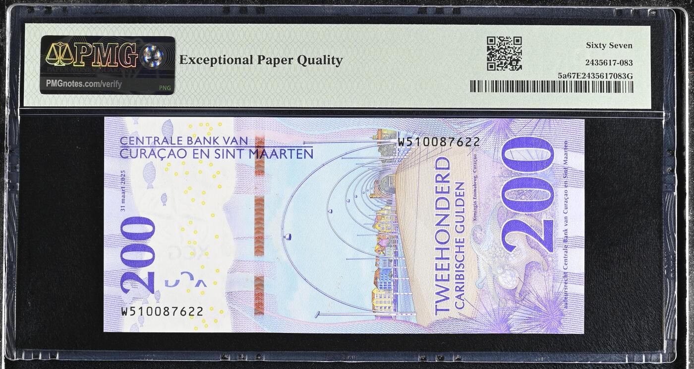 《艾美收藏》第228期-1.11周日外币精品 库拉索和圣马丁2025年首发W5冠200盾PMG67E高分无4 海马 今年IBNS世界最佳纸币获奖钞大热品种