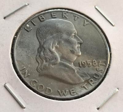 外国优质银币非洲美洲币，周六九点倒数截拍，满百包邮，持续收拍 - 美国1958 年富兰克林半元银币D版，正面是富兰克林头像配 “自由” 字样，背面是独立钟 + 小鹰饰，带 “合众为一” 格言，版式独特、是经典纪念币，收藏辨识度高。