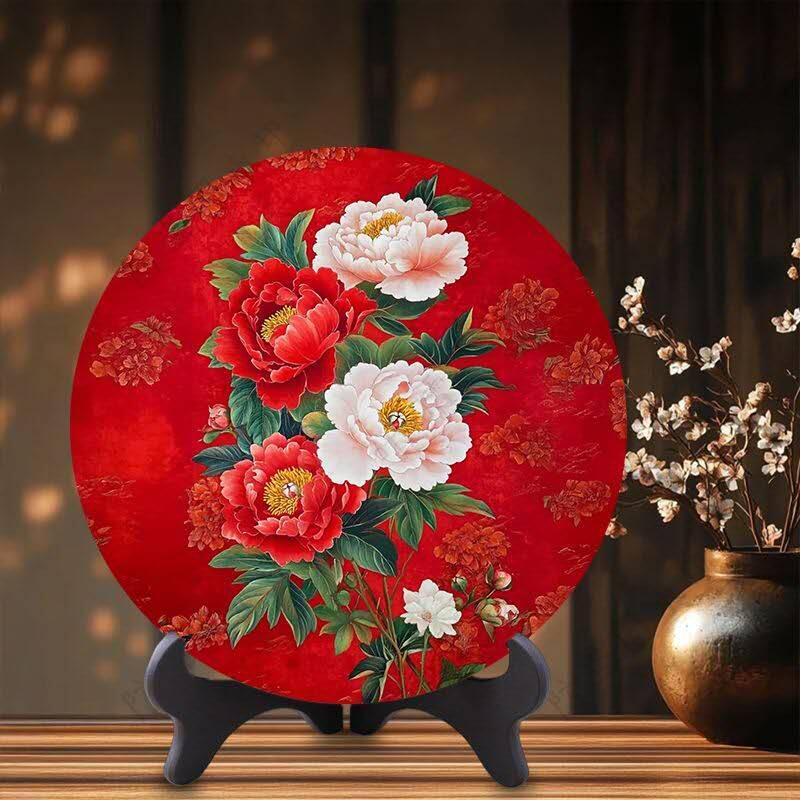 同乐收藏拍卖 牡丹花花开富贵摆件客厅酒柜圆形装饰摆台卧室床头柜走廊玄关摆件