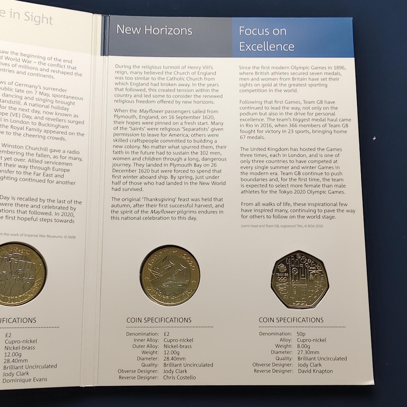 【全场包邮】纯粹捡漏拍492场【封装套币专场】-注意佣金 英国2020年官方封装套币--含盾徽版套币+5镑乔治三世逝世200周年+2镑欧洲胜利日75周年+2镑阿加莎·克里斯蒂女士第一部小说100周年+2镑五月花号400周年+50便士东京奥运会英国代表队5枚纪念币