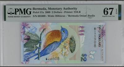 世界靓号纸钞第八十期 - 2009年百慕大2元 稀少洋葱冠 全程无347尾8 PMG67 2009年IBNS世界最佳纸币