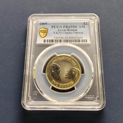 【全场包邮】纯粹捡漏拍493场 - 【收藏级】英国2009年2镑达尔文《物种起源》发行150周年精制双色金属纪念币-PCGS PR69 DCAM（更高分仅1枚）