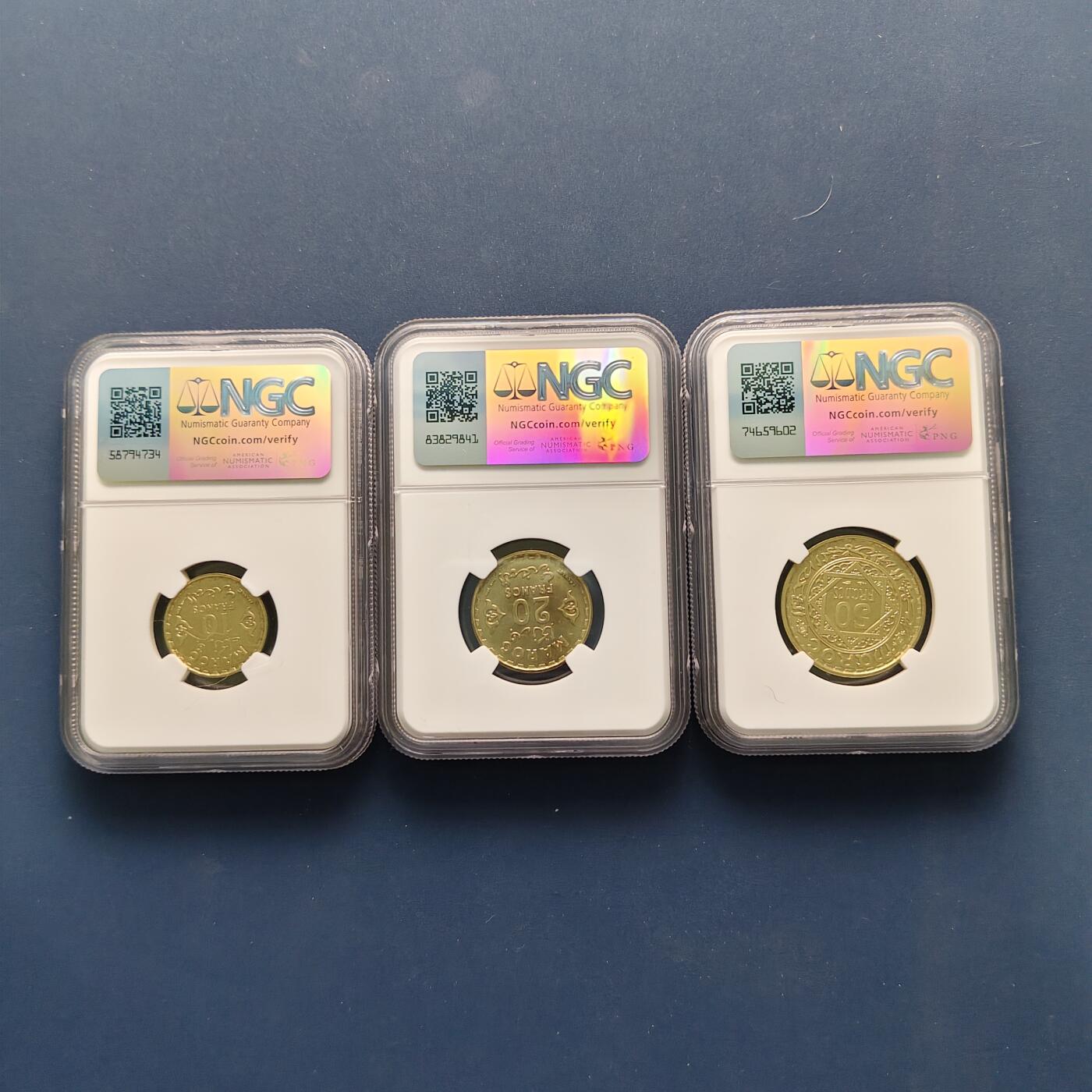 【全场包邮】纯粹捡漏拍493场 【收藏级·PL状态·冠亚军分数】摩洛哥1952年（1371）10-20-50法郎3枚全套-NGC MS66Pl（亚军）/MS66PL/MS68PL（冠军）