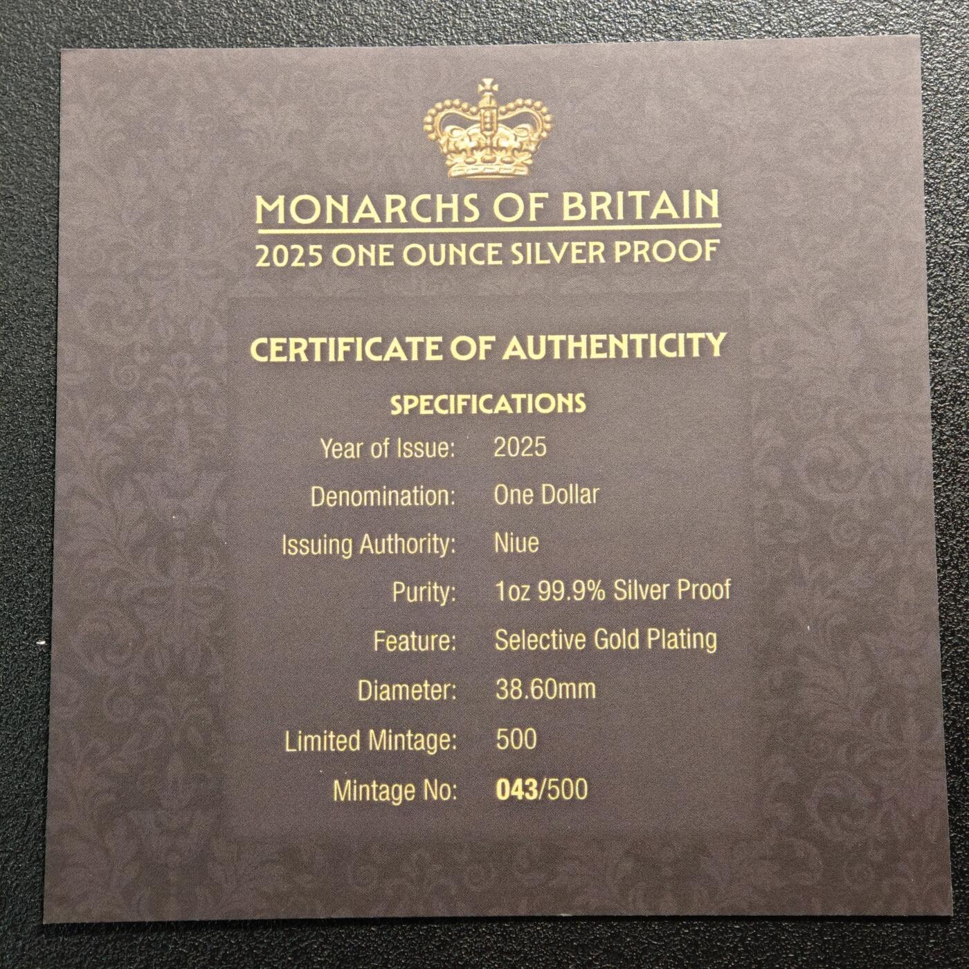 【德藏】世界币章拍卖第161期 2025年 纽埃英国君主局部镀金1元精制纪念银币 原盒 带证书 1盎司 999银 发行量500枚