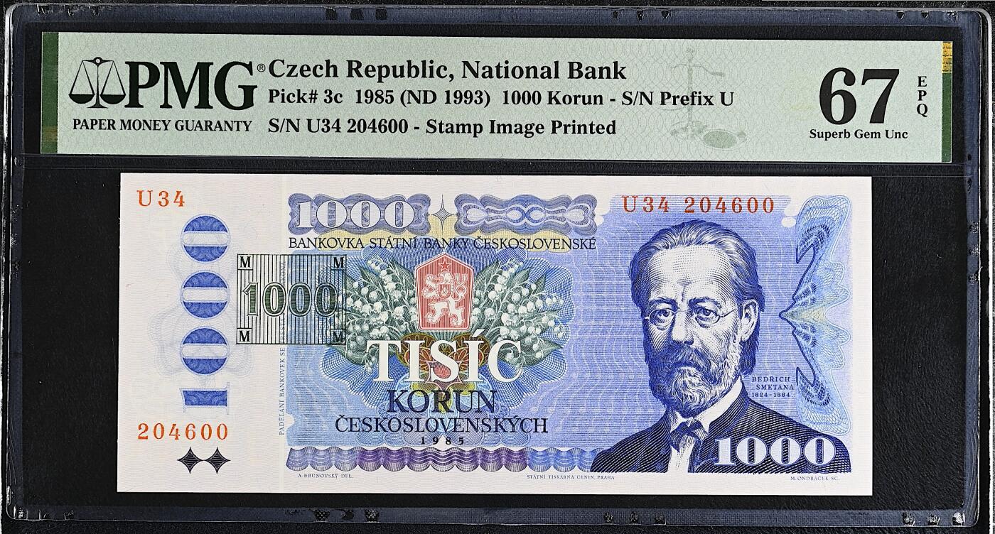 《艾美收藏》第228期-1.11周日外币精品 捷克1000克朗 PMG67E 1993年 捷克斯洛伐克解体后末版加盖邮戳 成为捷克第一版纸币
