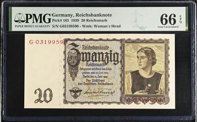 《艾美收藏》第228期-1.11周日外币精品 - 德国1939年早期老版本20马克PMG66E无47 百年老票 好品难得