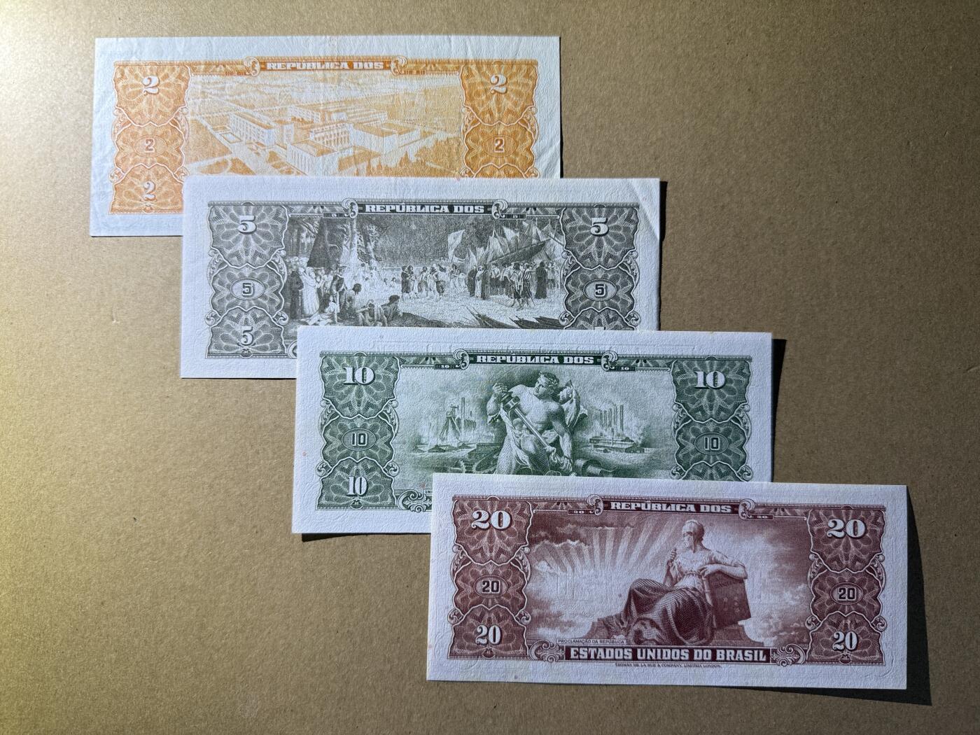 《艾美收藏》第228期-1.11周日外币精品 巴西2、5、10、20克鲁塞罗4张 AU-UNC 全程无4