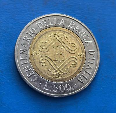 外国优质银币非洲美洲币，周六九点倒数截拍，满百包邮，持续收拍 - 意大利央行百年纪念 500 里拉双色币，正面展意大利女神像，背面饰央行标识（“B” 纹）+ 生卒年，双色工艺融国家符号与金融机构纪念，收藏价值突出。