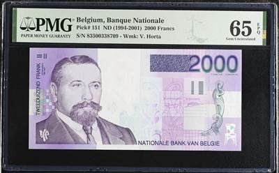 《艾美收藏》第228期-1.11周日外币精品 - 比利时1994年2000法郎末版次高值PMG65E长号段无4 建筑师霍尔塔 斯拉尼亚雕刻精品