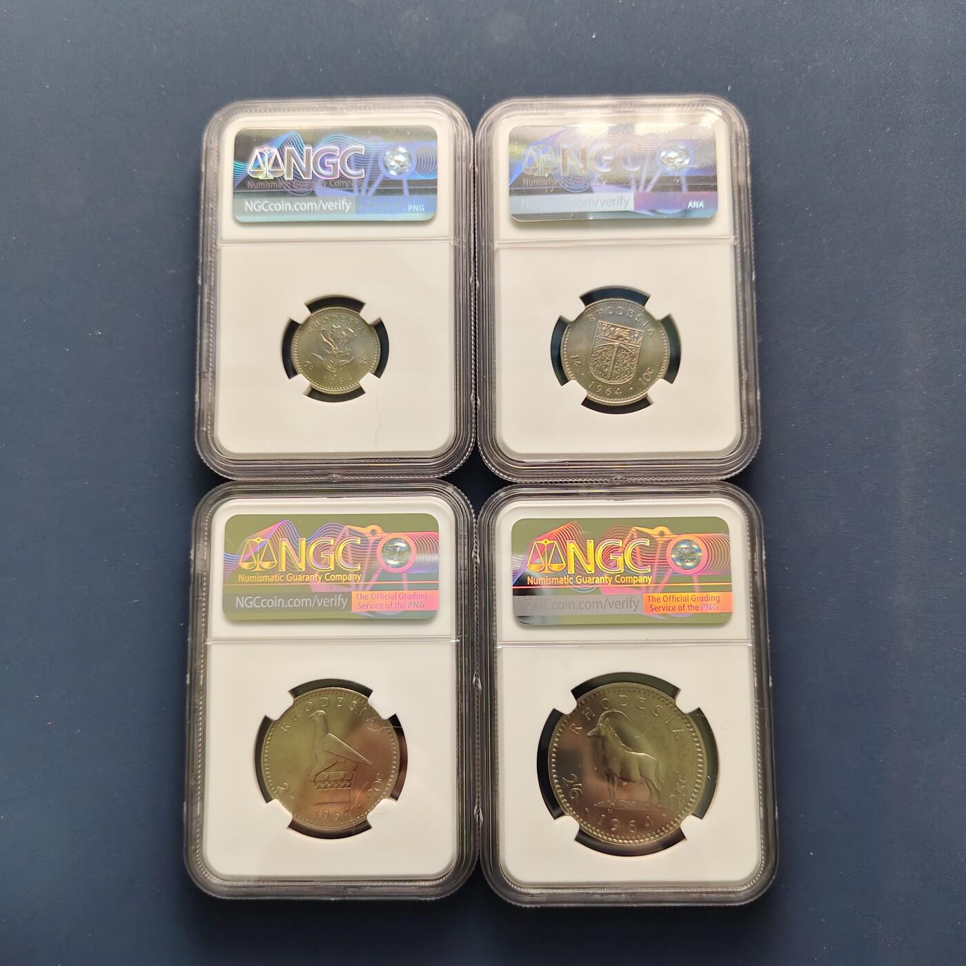 【全场包邮】纯粹捡漏拍493场 【稀少】英属罗德西亚1964年双面值版4枚精制套币-量2080-NGC PF64/65