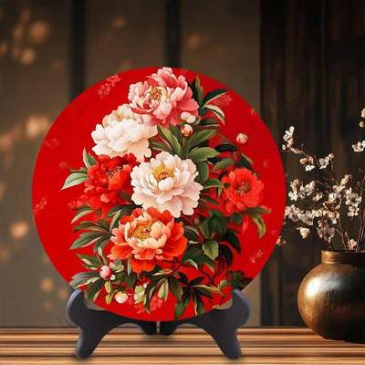 同乐放漏 - 牡丹花花开富贵摆件客厅酒柜圆形装饰摆台卧室床头柜走廊玄关摆件