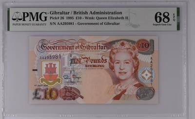 🐍甜小邱世界纸币收藏🐍第139期精品场💐 - 【冠军分+AA首发冠无347靓号】PMG68 直布罗陀 10镑 艾略特将军 1995
