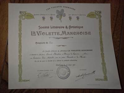 凯旋世界勋赏（第21期冬季大拍）（欢迎送拍）（对拍品有疑问请询问客服，不接受到手刀，出价默认拍品品相。请认真阅读拍卖规则！出价默认已认可！）（收到货请录制开箱视频，无视频概不处理问题。） - 1905年法国诺曼底紫罗兰文学艺术协会（La Violette Manchoise）颁发的诗歌竞赛获奖证书，是诺曼底地区文化组织对文学创作的表彰凭证