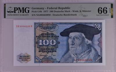 🐍甜小邱世界纸币收藏🐍第139期精品场💐 - 【罕见雷达号+无347靓号】PMG66 联邦德国 100马克 经典 明斯特 1977