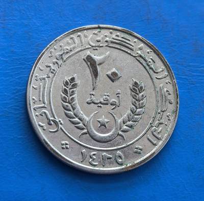 外国优质银币非洲美洲币，周六九点倒数截拍，满百包邮，持续收拍 - 毛里塔尼亚 20 乌吉亚，正面展星月、棕榈等本土元素，背面饰麦穗与阿拉伯文，风格融合西非伊斯兰文化，是毛里塔尼亚现代流通币，具地域货币收藏价值。