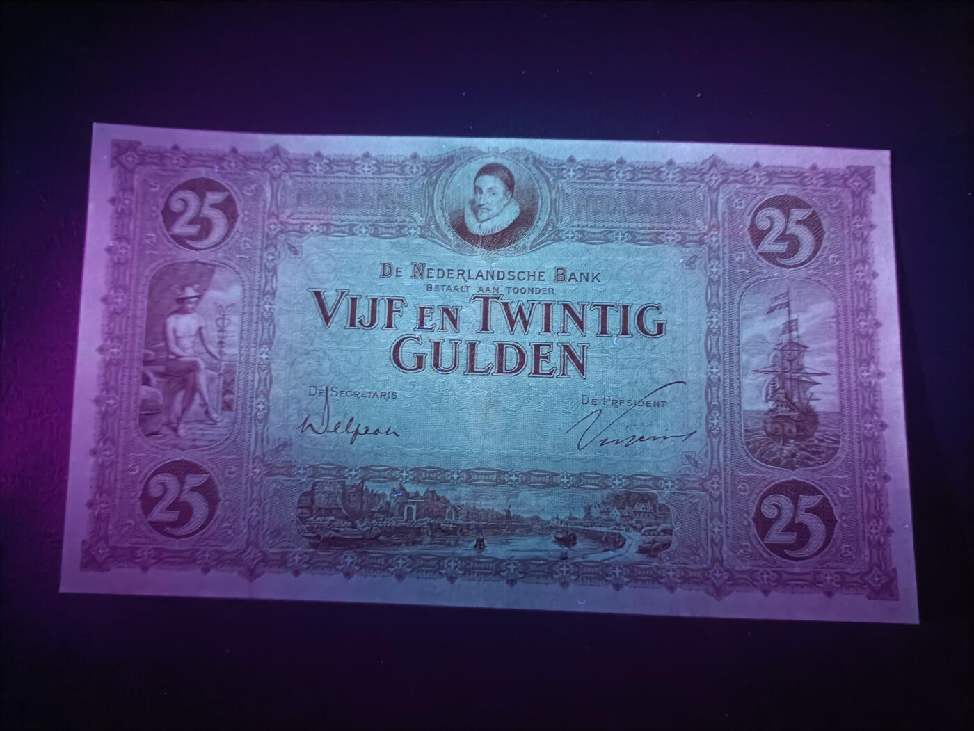 2026一月第二期，总212期 荷兰1927版25盾流通好品XF千位号7714，稀有的早期荷兰盾中高面值品种，集合了荷兰发展史的重要元素包括墨丘利/威廉一世/大帆船和阿姆斯特丹